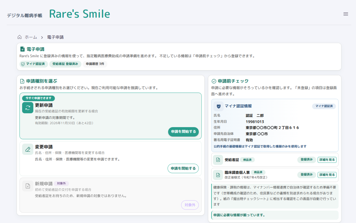 電子申請の開始画面。申請種別の選択と、マイナ認証・受給者証・臨床調査個人票が揃っているかを確認する申請前チェックが表示されている