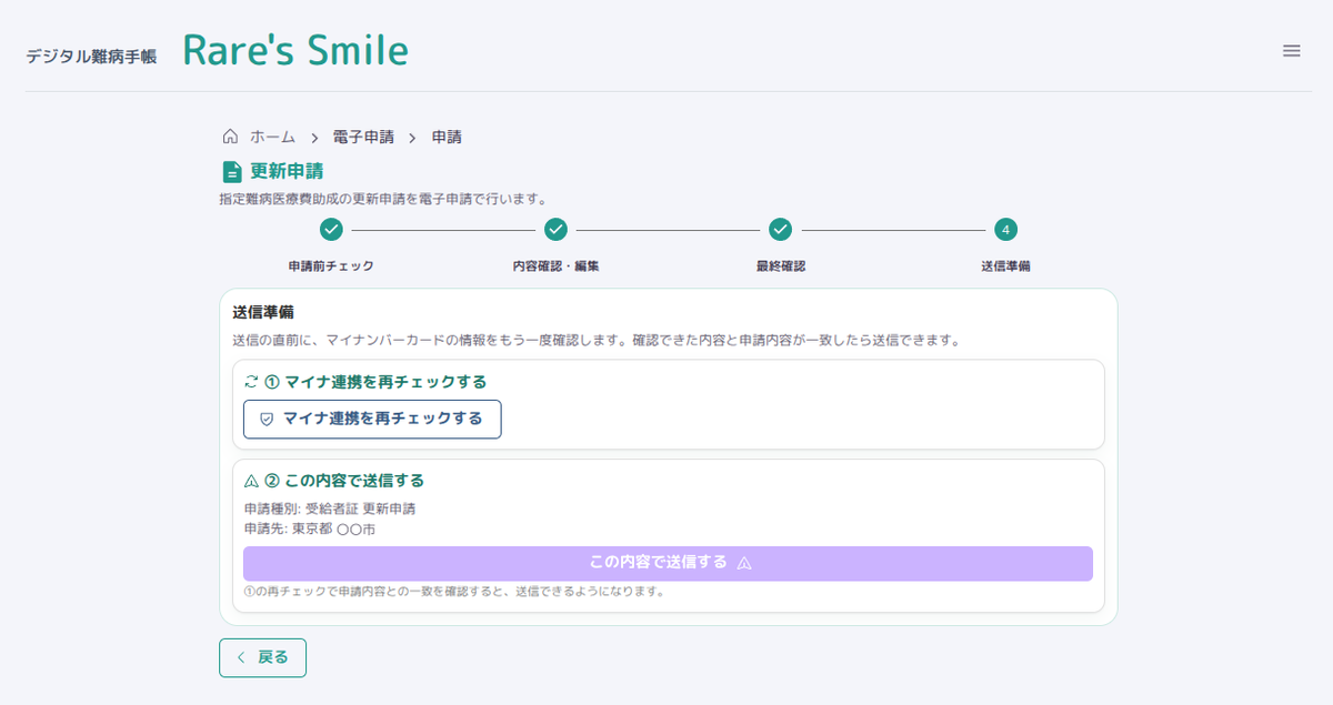 送信準備画面。マイナ連携の再チェックが済むまで送信ボタンが無効になっている